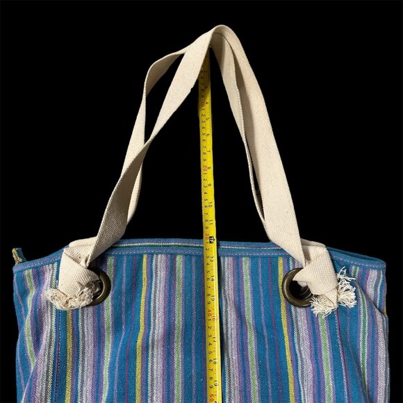 Striped Woven Canvas Tote Bag Zipper Handles Beach Bag Blue Purple Michael Stars - Picture 8 of 11